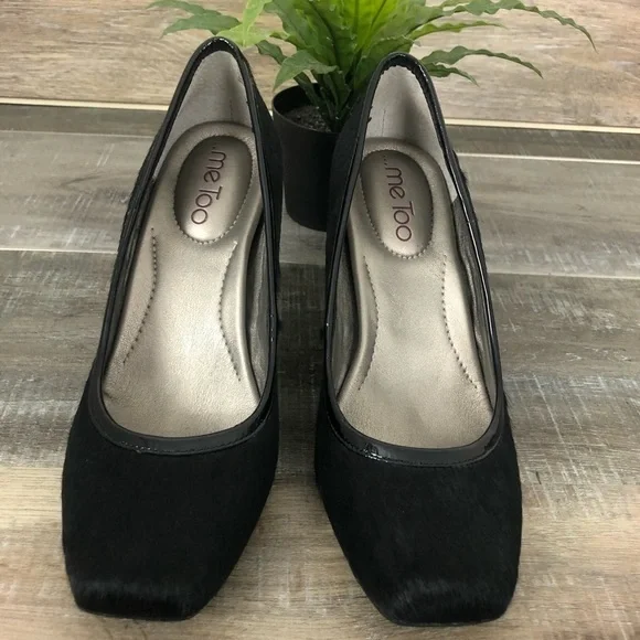 ME TOO Petal 9 Calf Hair Leather Black Patent Leather Heels Size 7.5 - Picture 4 of 10